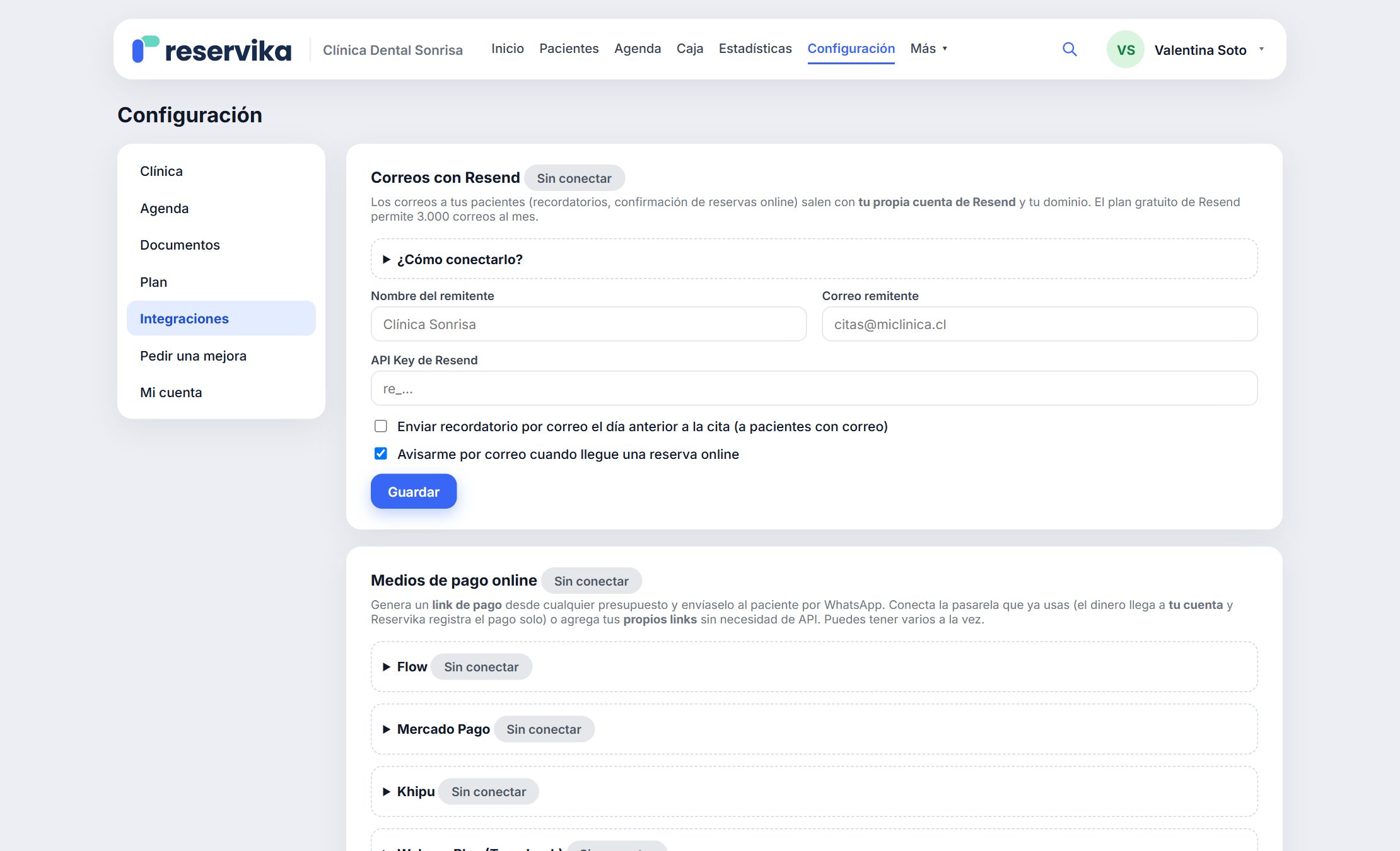Configuración de Reservika con las integraciones de pago: Flow, Mercado Pago, Khipu y Webpay Plus