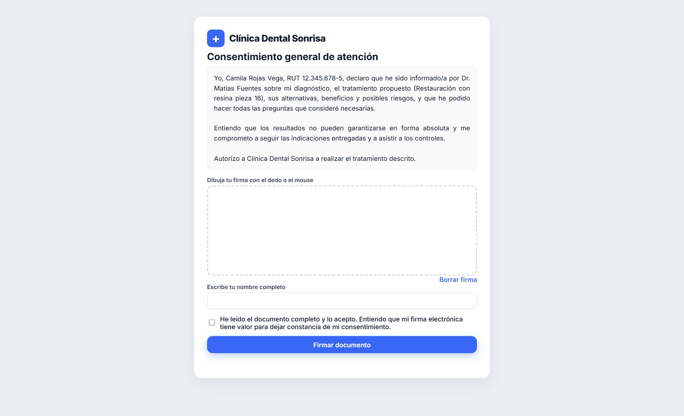Consentimiento informado que el paciente firma desde su celular