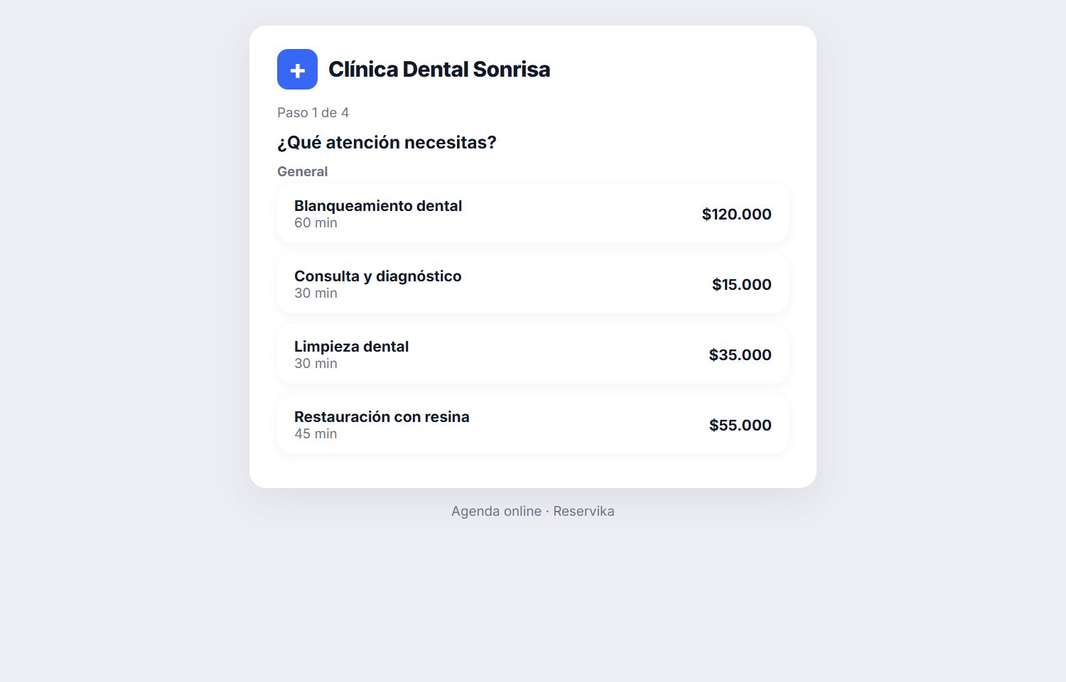 Página pública de reserva online de una clínica con la lista de atenciones disponibles
